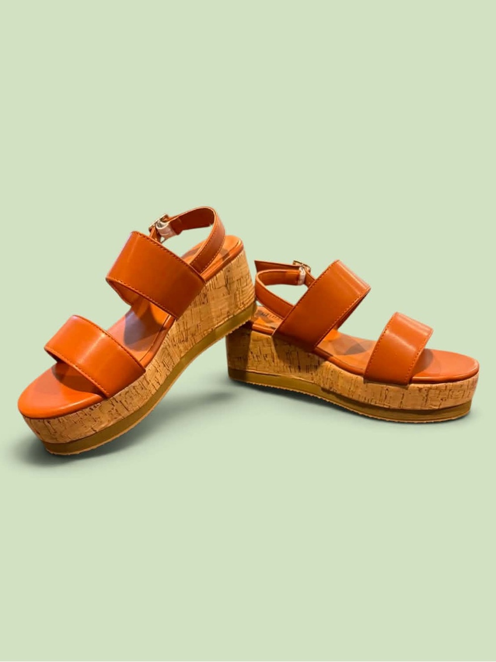 Easy Street Orange-Brown Cork Platform Strap Wedges